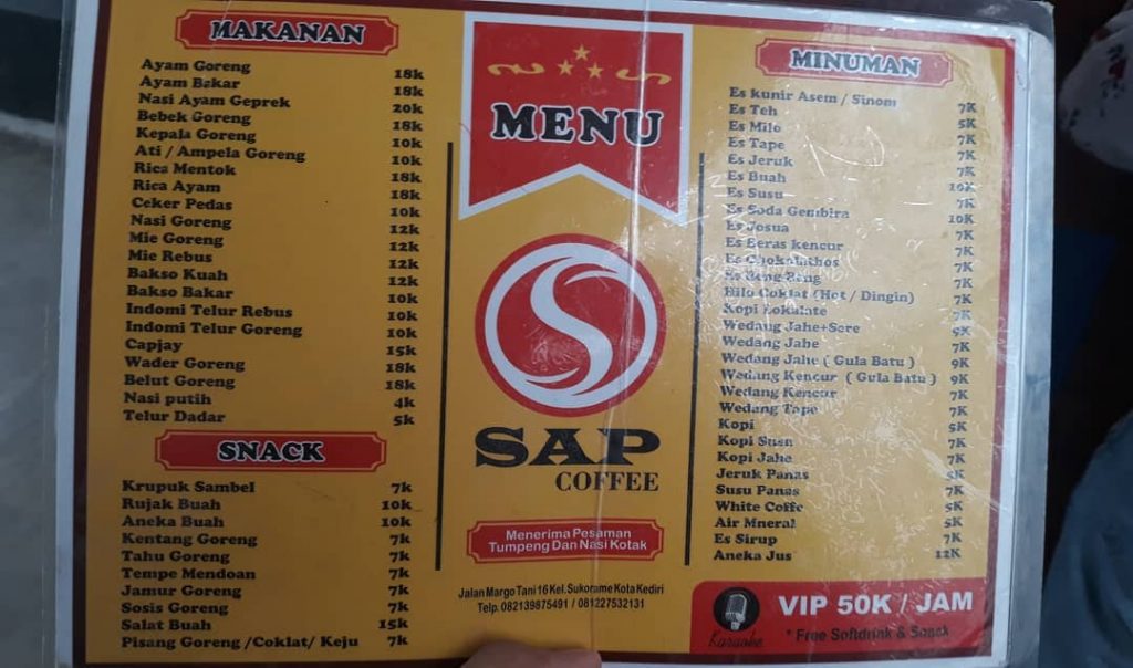 daftar menu cafe sap kediri